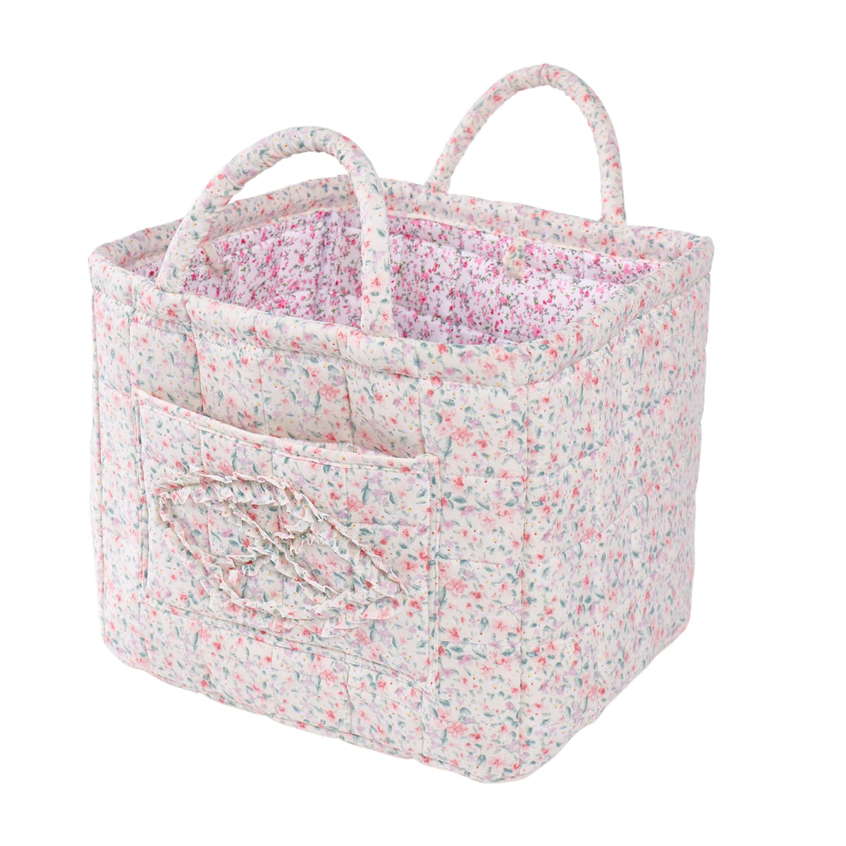 Quilted Fabric Car Storage Basket with Handles & Pocket, Foldable Laundry Hamper Boho Floral Print Organizer Bin for Home, Picnic, Office Nursery Cloth Toy 12"x10"x10" (Style E)