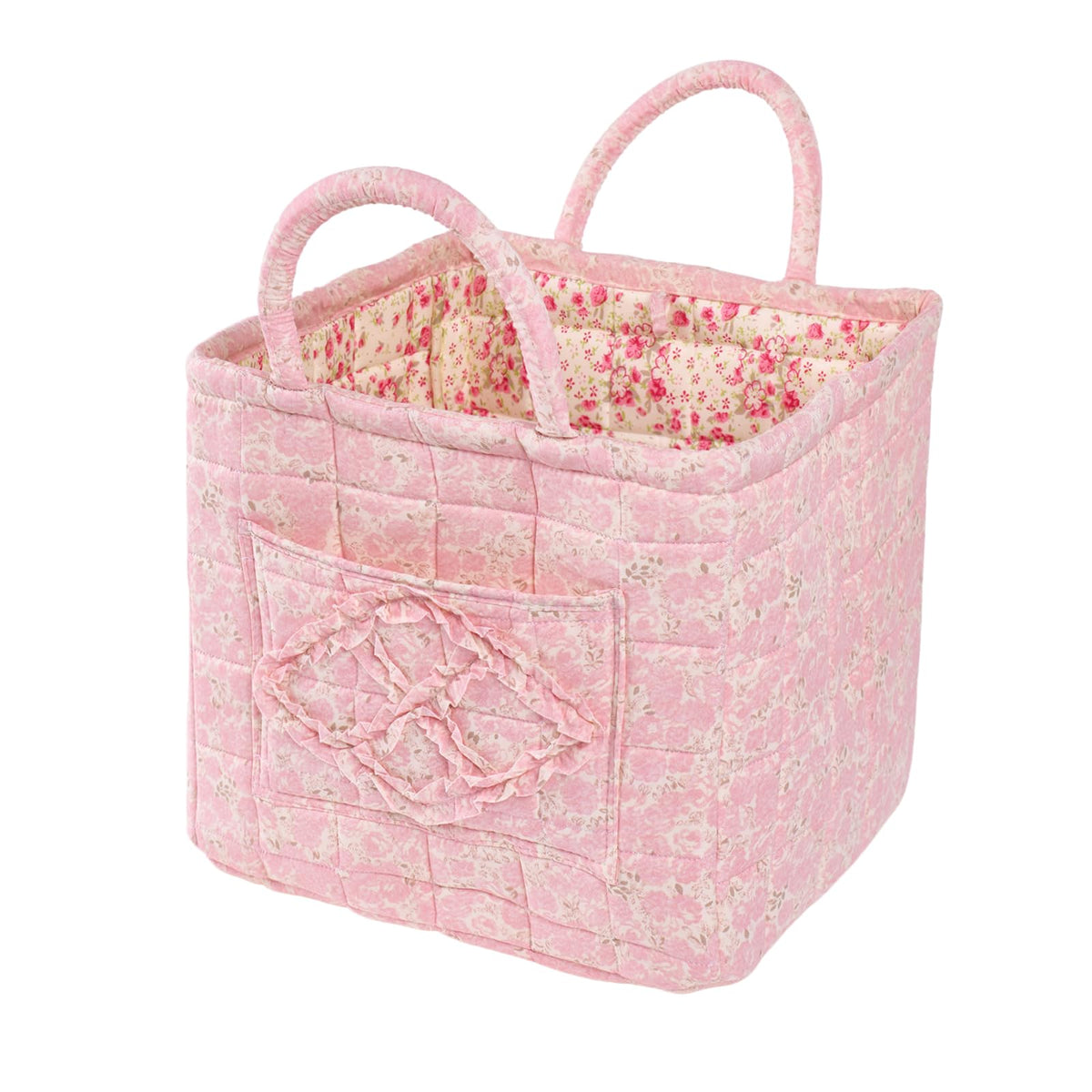 Quilted Fabric Car Storage Basket with Handles & Pocket, Foldable Laundry Hamper Boho Floral Print Organizer Bin for Home, Picnic, Office Nursery Cloth Toy 12"x10"x10" (Style E)
