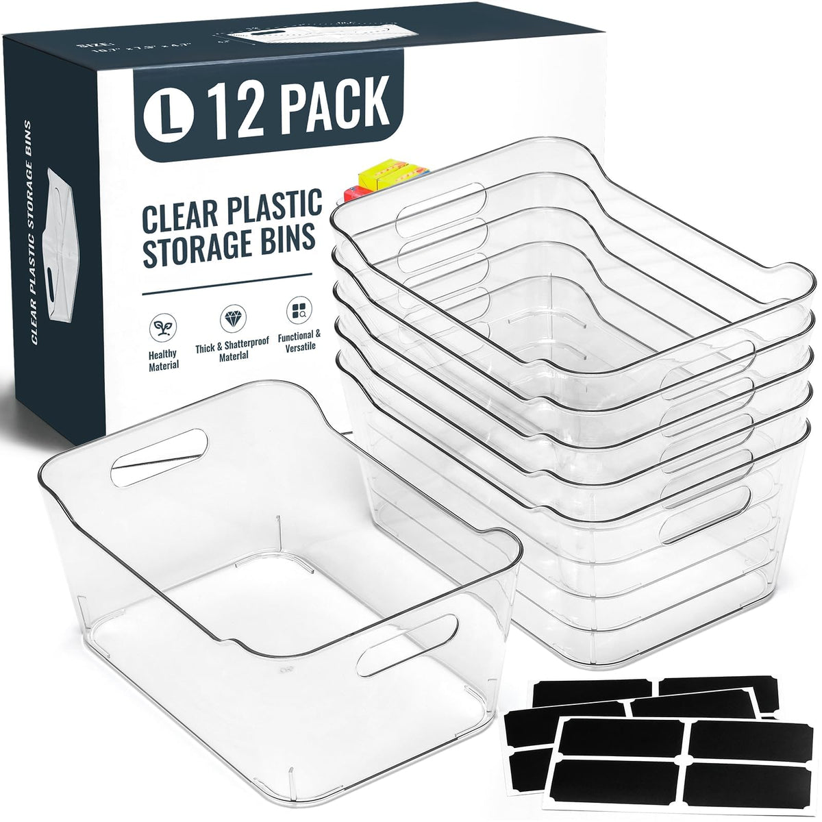 12 PACK Clear Plastic Storage Bins, Kitchen Cabinet Pantry Organizer Bins