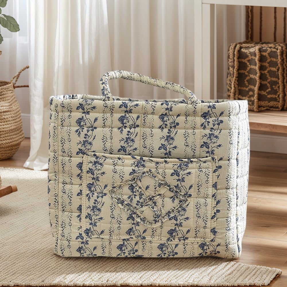 Foldable Laundry Basket Boho Bear Storage Basket Floral Quilted Fabric Car Storage Basket Handles Large Laundry Baskets for Clothes and Dolls