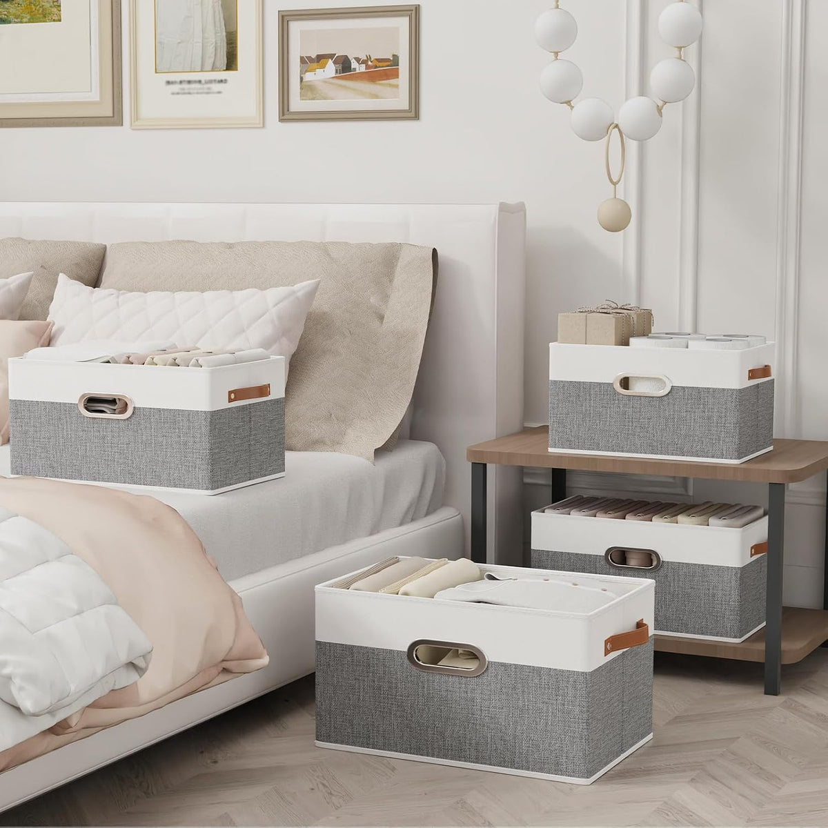 Yawinhe Fabric Storage Baskets,13.0x9.1x7.9in,White/Grey,4-Pack