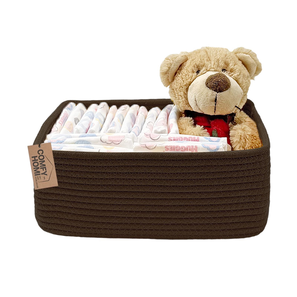 COMFY-HOMI Cotton Rope Woven Basket with Handles for Shelves,Toys,Book, Cloth Storage Baskets Bin for Organizing- 1 PCSToy Decorative Organizer for Living Room, Bathroom