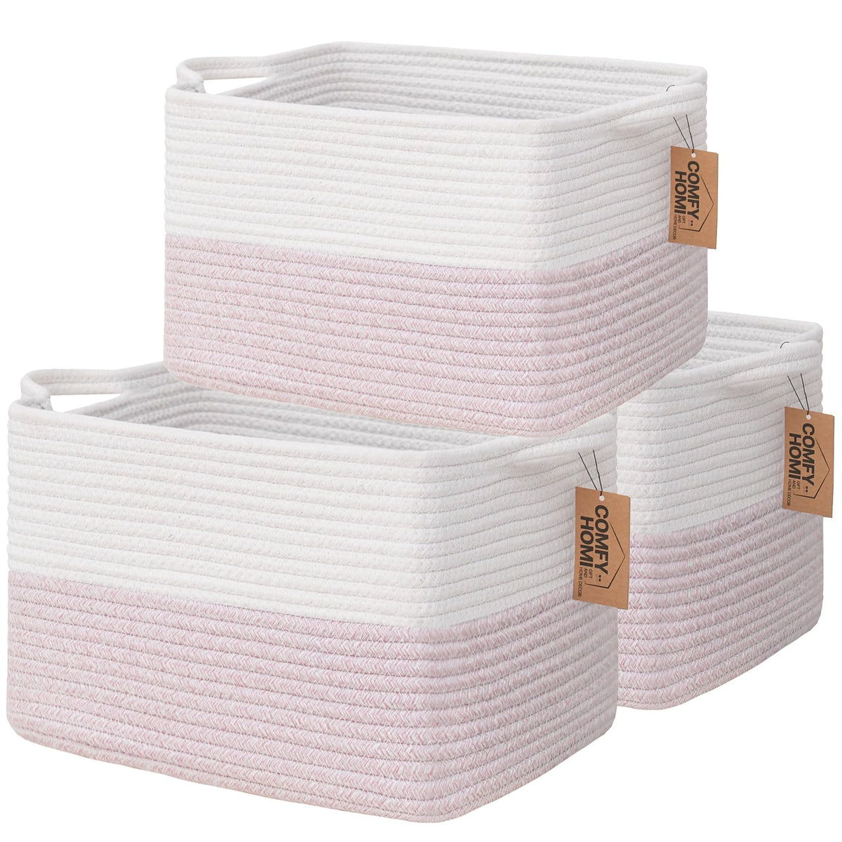COMFY-HOMI 3PACK Cotton Rope Square Basket with Handles for Shelves|Dog Toy Bin and Storage|Baby Gift|Shoe Organizer|New 13.5" x 11" x 9.5" for Living Room (Black/Jute)
