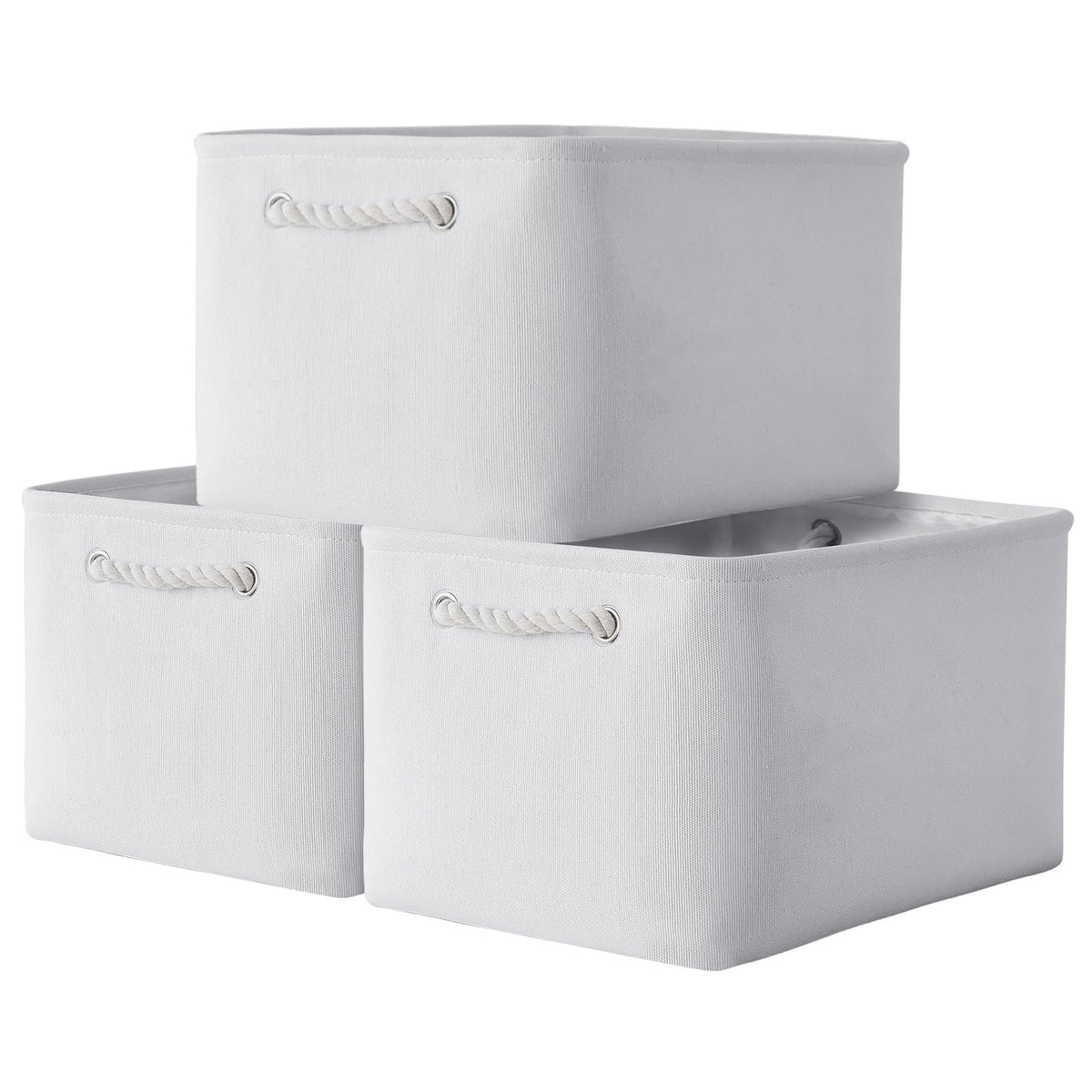 TheWarmHome Storage Basket for Organizing - Medium 3 Pack 14x10x7 inch Fabric Storage Cubes for Shelves with Rope, Collapsible Storage Bin for Organizer Closet Cloth Gift Toy (White & Jean Blue)