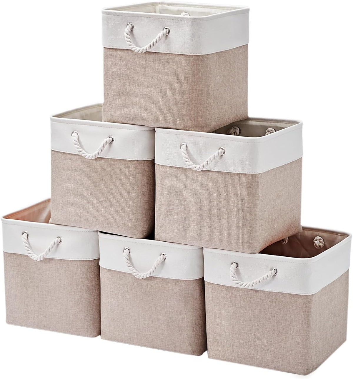 MidmmVick 12 x 12 Inch Cube Storage Bins, 6 Pack Large Collapsible Fabric Storage Bin with Ropes, Foldable Storage Cubes for Home, Office,Closet, Clothes, Toys Organizer (White & Beige)