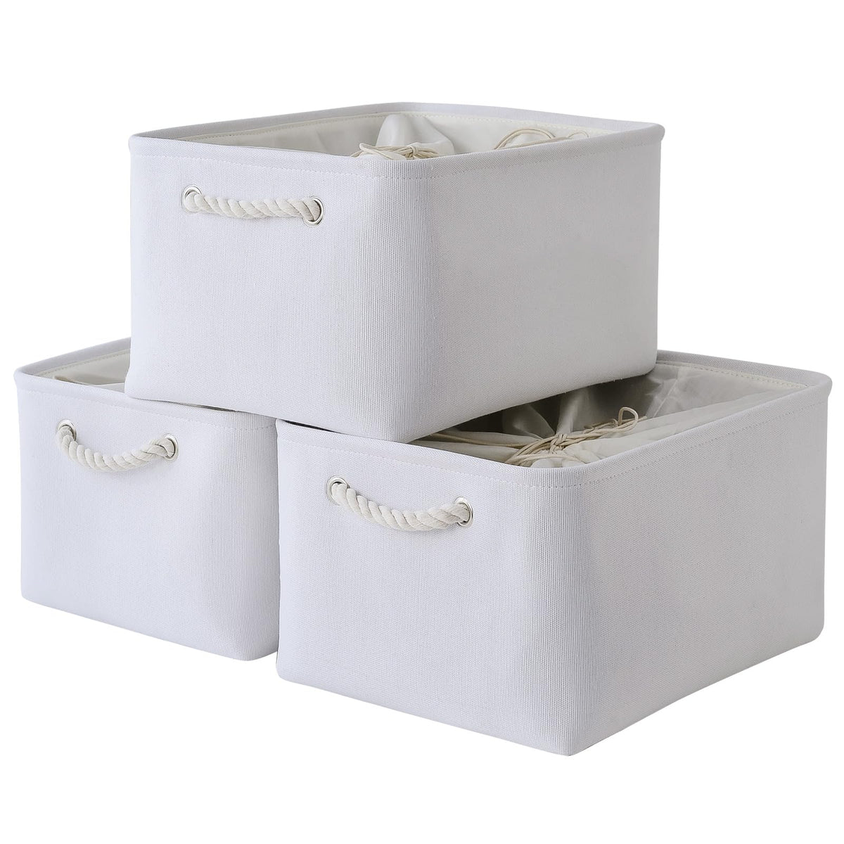 TheWarmHome Storage Basket for Organizing - Medium 3 Pack 14x10x7 inch Fabric Storage Cubes for Shelves with Rope, Collapsible Storage Bin for Organizer Closet Cloth Gift Toy (White & Jean Blue)