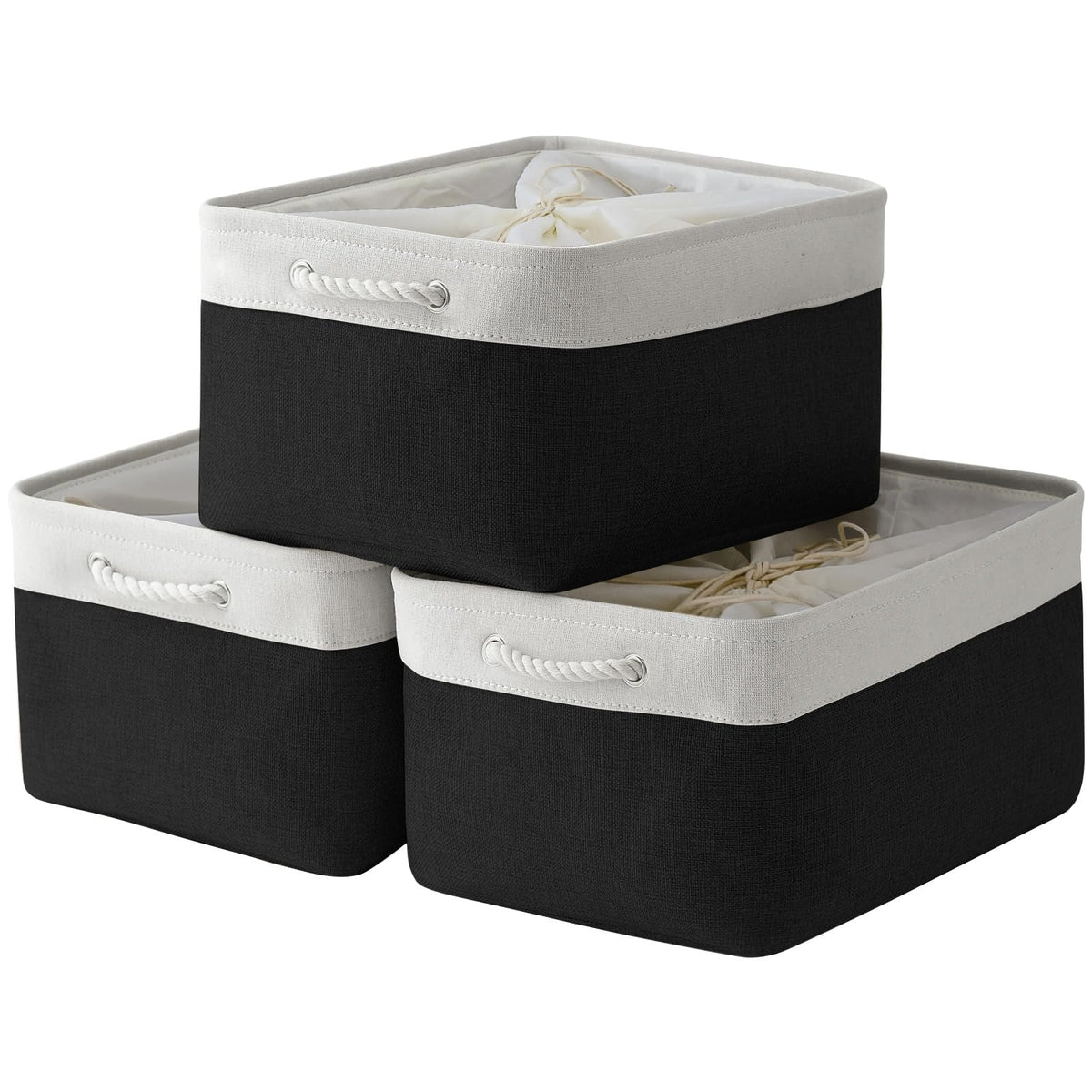 TheWarmHome Storage Basket for Organizing - Medium 3 Pack 14x10x7 inch Fabric Storage Cubes for Shelves with Rope, Collapsible Storage Bin for Organizer Closet Cloth Gift Toy (White & Jean Blue)
