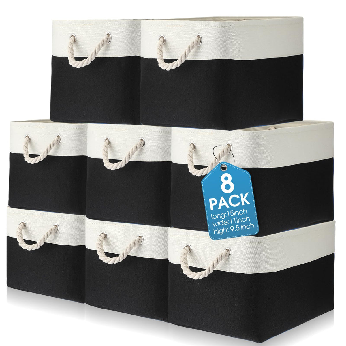 meekoo 8 Pack Fabric Storage Bins Baskets, 15 x 11 x 9.5 in, Gray White
