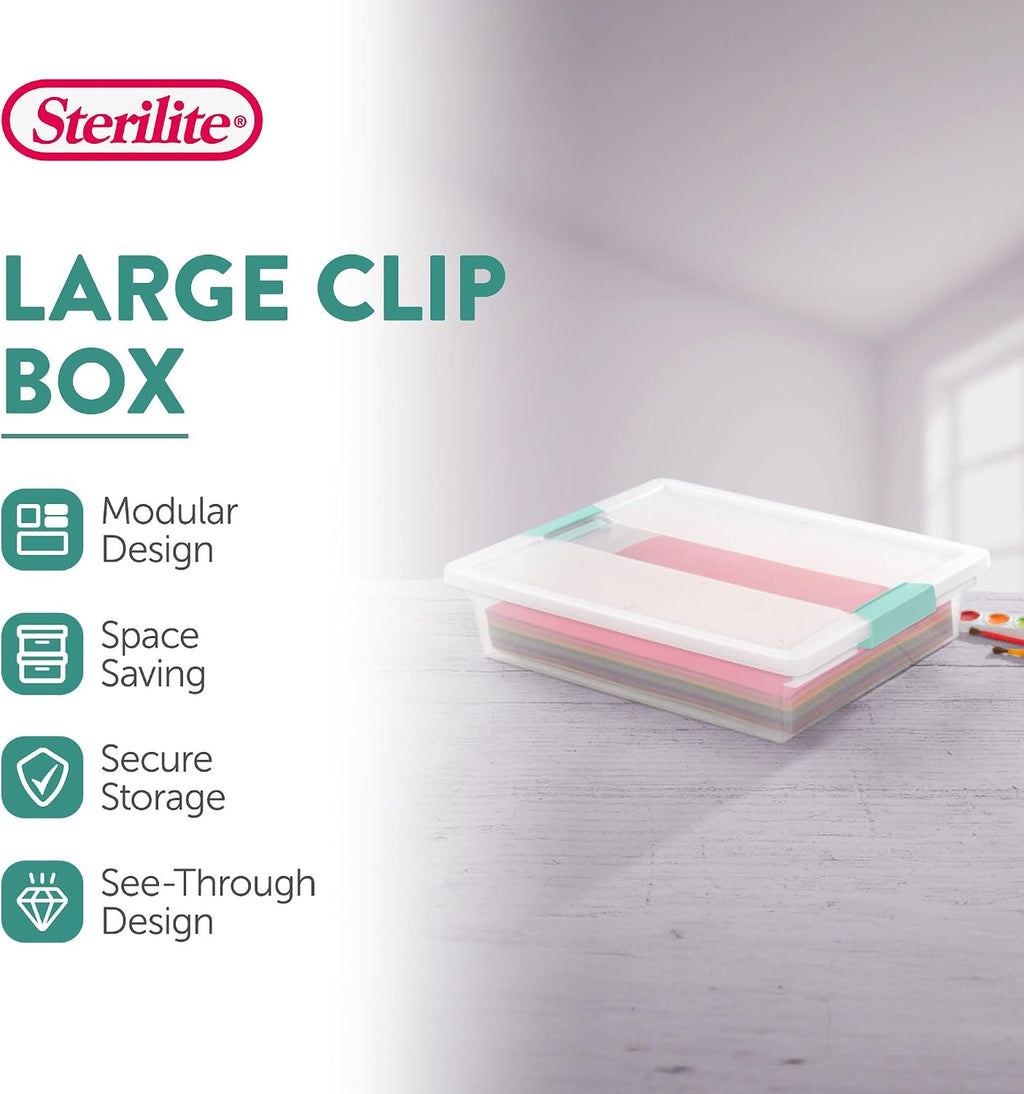 Sterilite Clip Box, Stackable Clear Plastic Bins- Large, 6-Pack