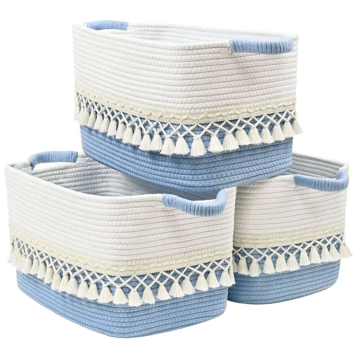 2 Pack Storage Basket for Shelves, Boho Cotton Rope Storage Bins with Heavy Tassel, Shelf Baskets Large Woven Baskets for Organizing, Cube Organizer Bins, Baby Laundry Basket for Clothes, Toys, Pets