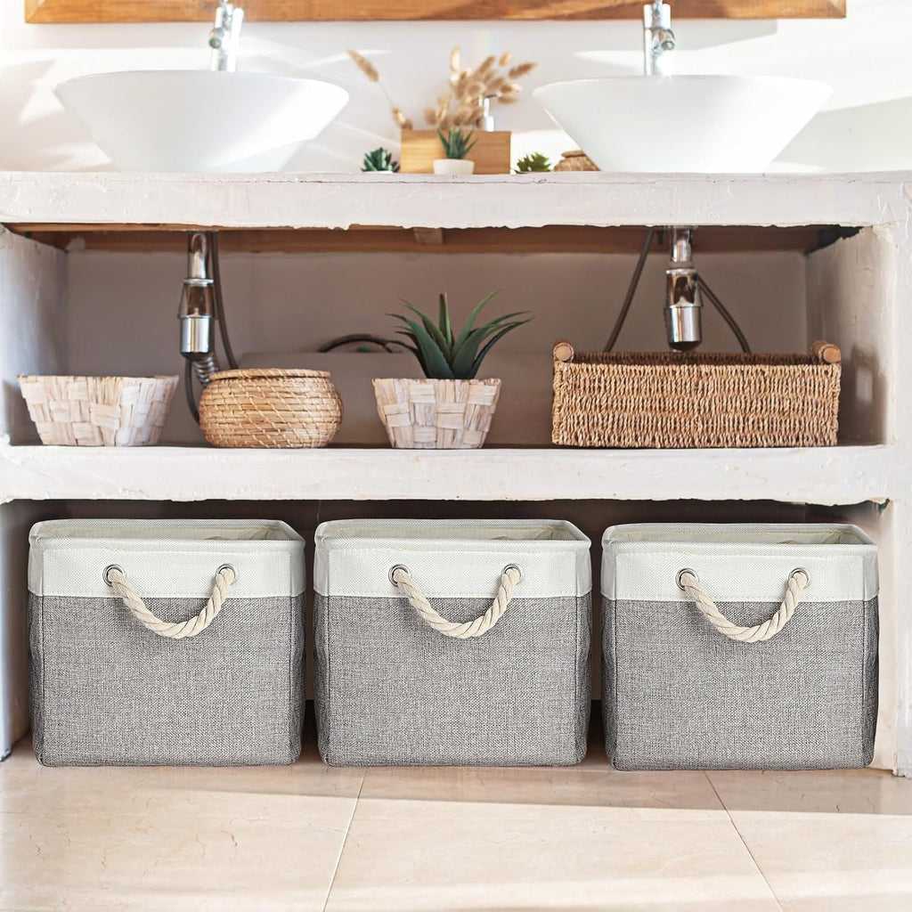 meekoo 8 Pack Fabric Storage Bins Baskets, 15 x 11 x 9.5 in, Gray White