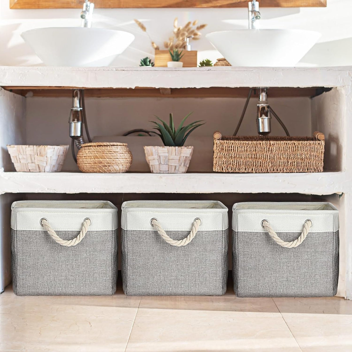 meekoo 8 Pack Fabric Storage Bins Baskets, 15 x 11 x 9.5 in, Gray White