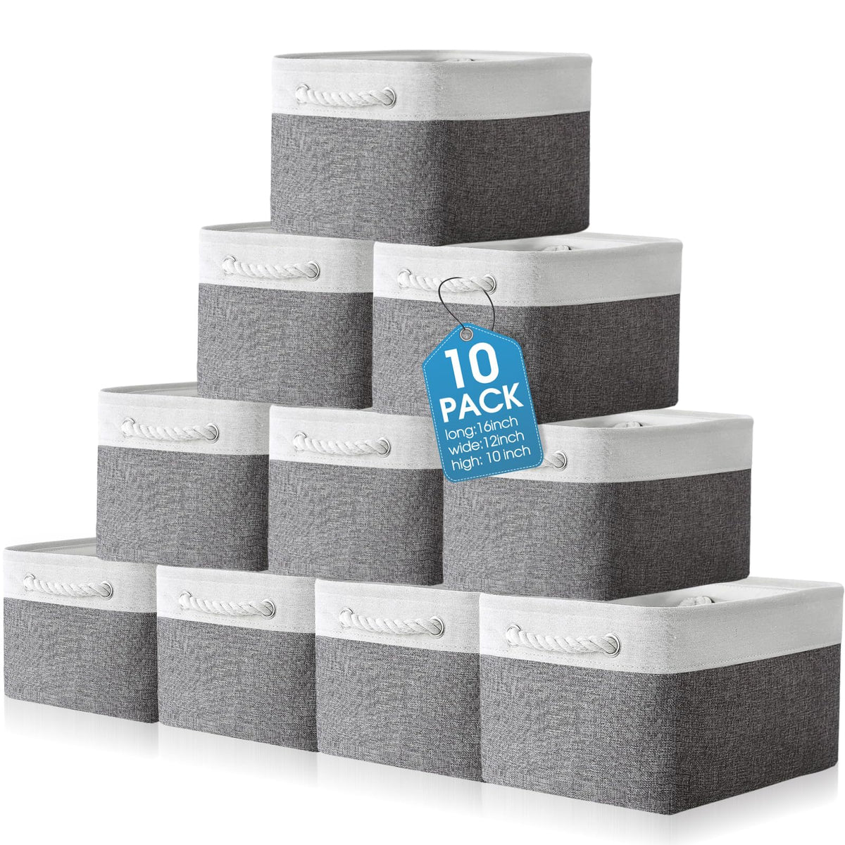 FoldTier 10 Pack Large Collapsible Fabric Storage Baskets with Handles Decorative Storage Bins for Organizing Shelves Toys Clothes(White & Beige,16 x 12 x 10 Inches)