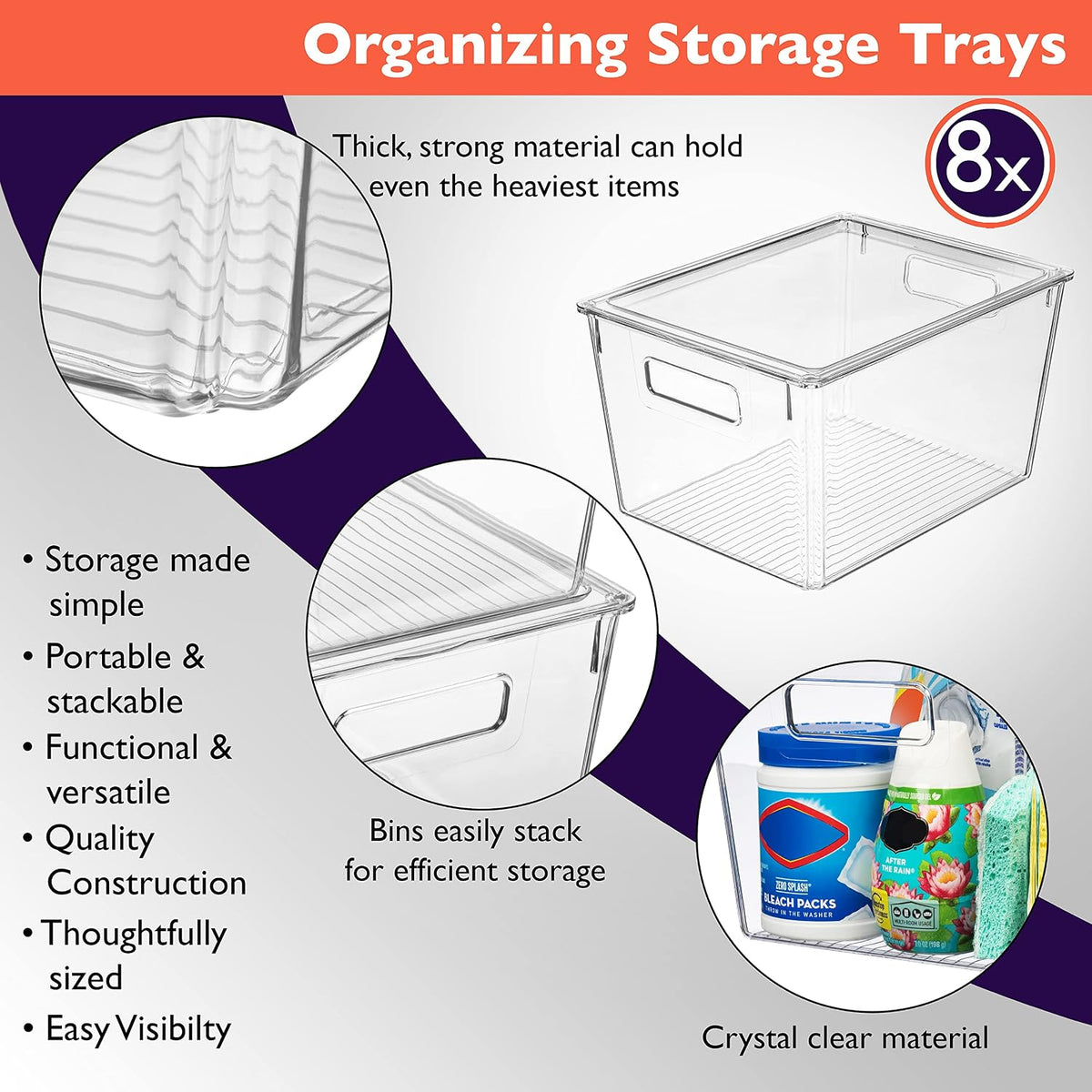 ClearSpace Storage Bin with Lid, Pantry & Desk Organizer, XL, 8 Pack