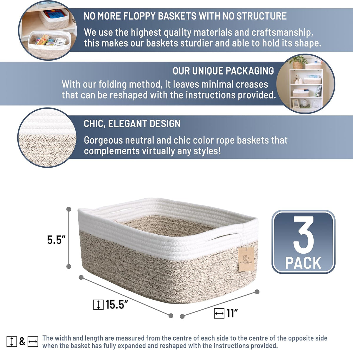Woven Rope Baskets for Organizing, 3 Pack, 15.5 x 11 x 5.5" Storage Bins