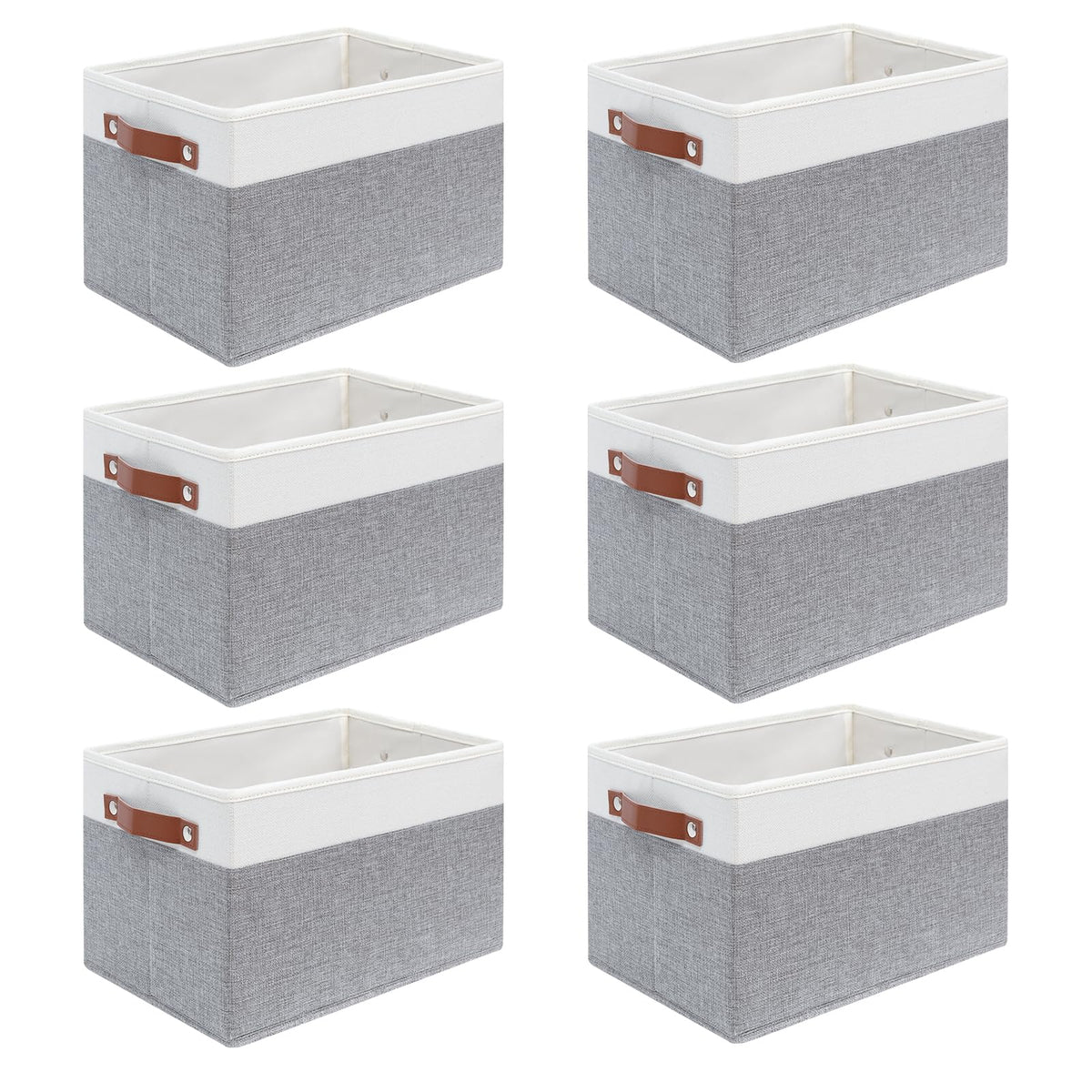 6 Pack Fabric Storage Baskets with Handles (White with Beige,15" L*10.2" W*9" H)
