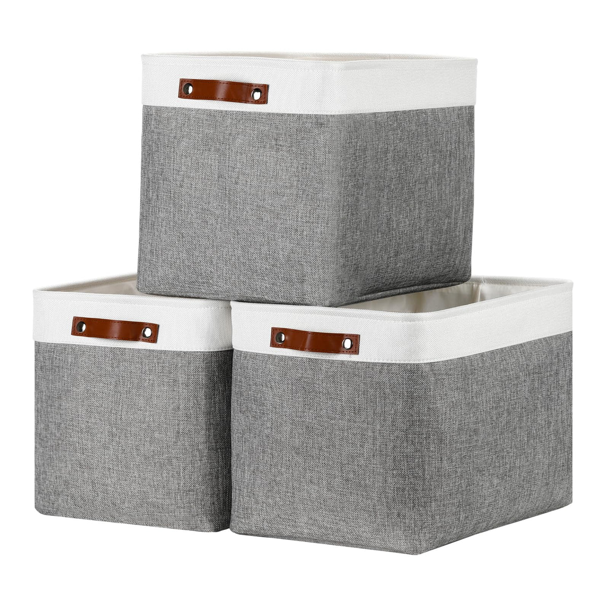 DULLEMELO Fabric Storage Bins for Laundry, Home, Foldable Storage Baskets for Shelves, Toys, Collapsible Storage Bins for Office, Closet,Bedroom(White&Khaki,L-15"x11"x9.5",4-Pack)