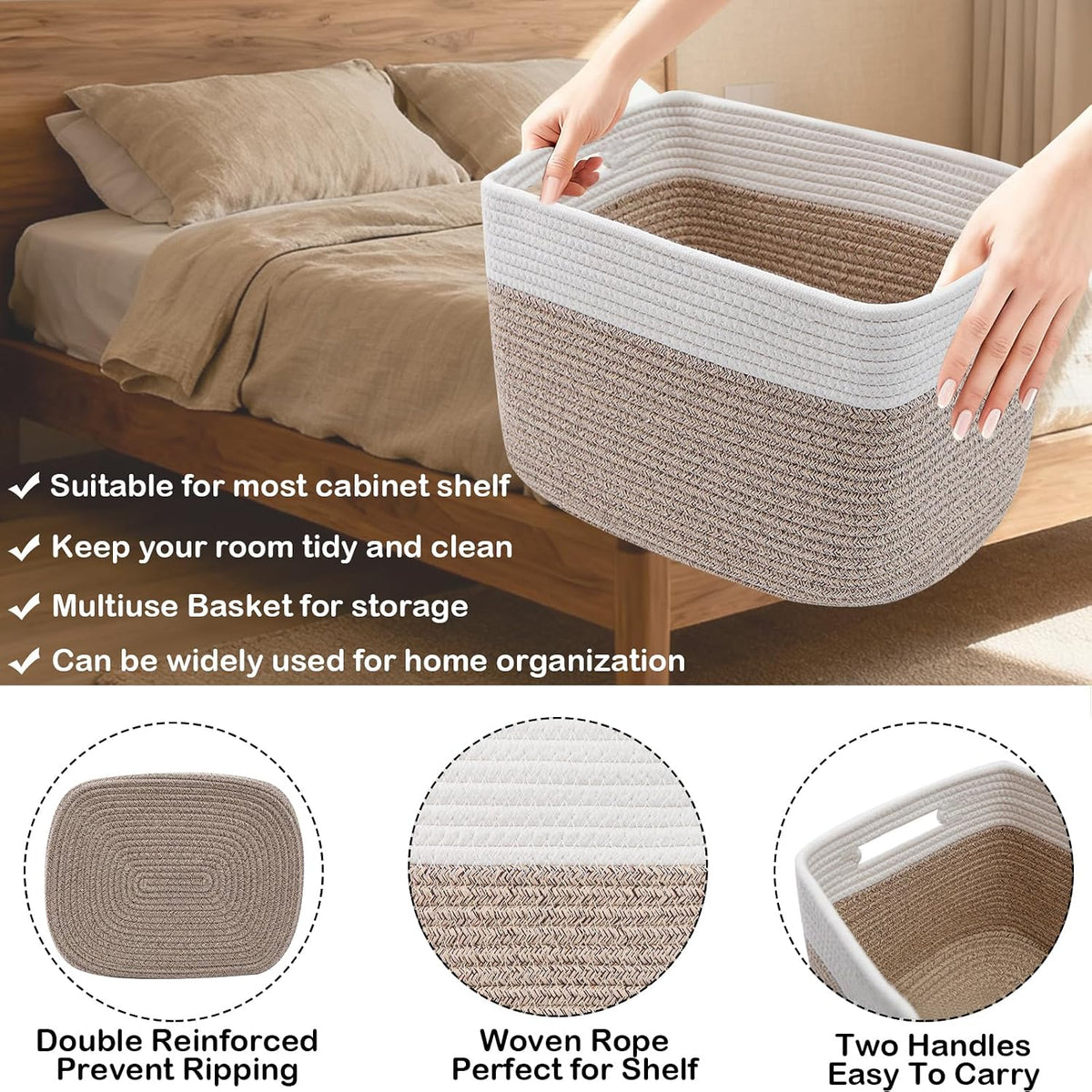 3 Pack Woven Baskets,Storage Baskets for Shelves with Handles
