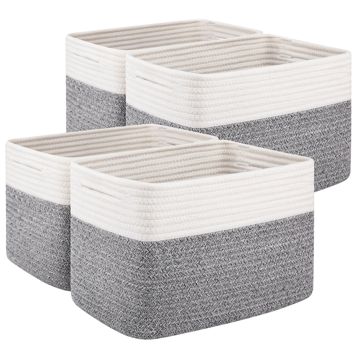 OIAHOMY 4 Pack Storage Basket, 13"x9"x7.8" Cotton Rope Baskets for Shelves, Closet Organizer for Bedroom & Living Room, Soft Decorative Bins for Organizing Towels, Books & Toys, Brown & White