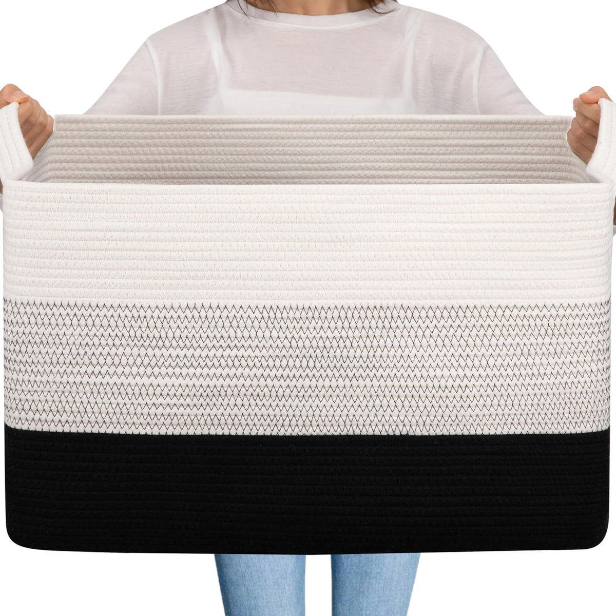 OIAHOMY Large Blanket Basket, 65L Cotton Rope Woven Laundry Basket, Toy Bin for Baby Room, Container for Blanket Storage in Living Room, 20''×16''×12'', Gradient Brown