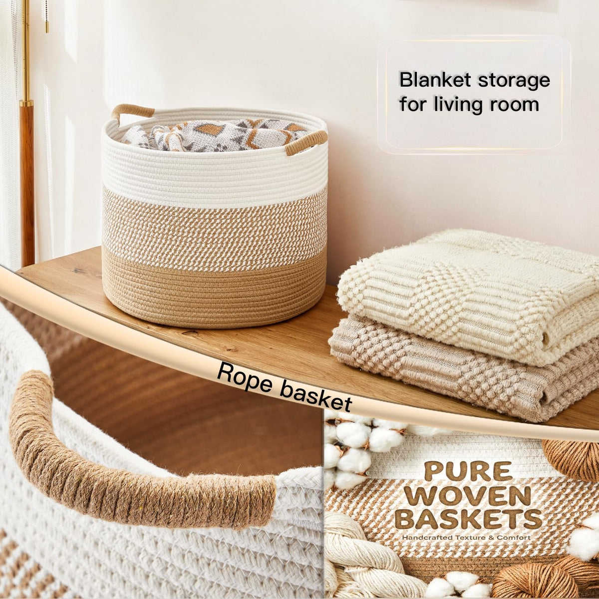 Artfeel 70L Large Cotton Rope Basket, Decorative Woven Blanket Storage for Living Room, Boho Toy Storage & Toy Box for Kids, Versatile Laundry Basket & Nursery Hamper for Blankets(Brown)