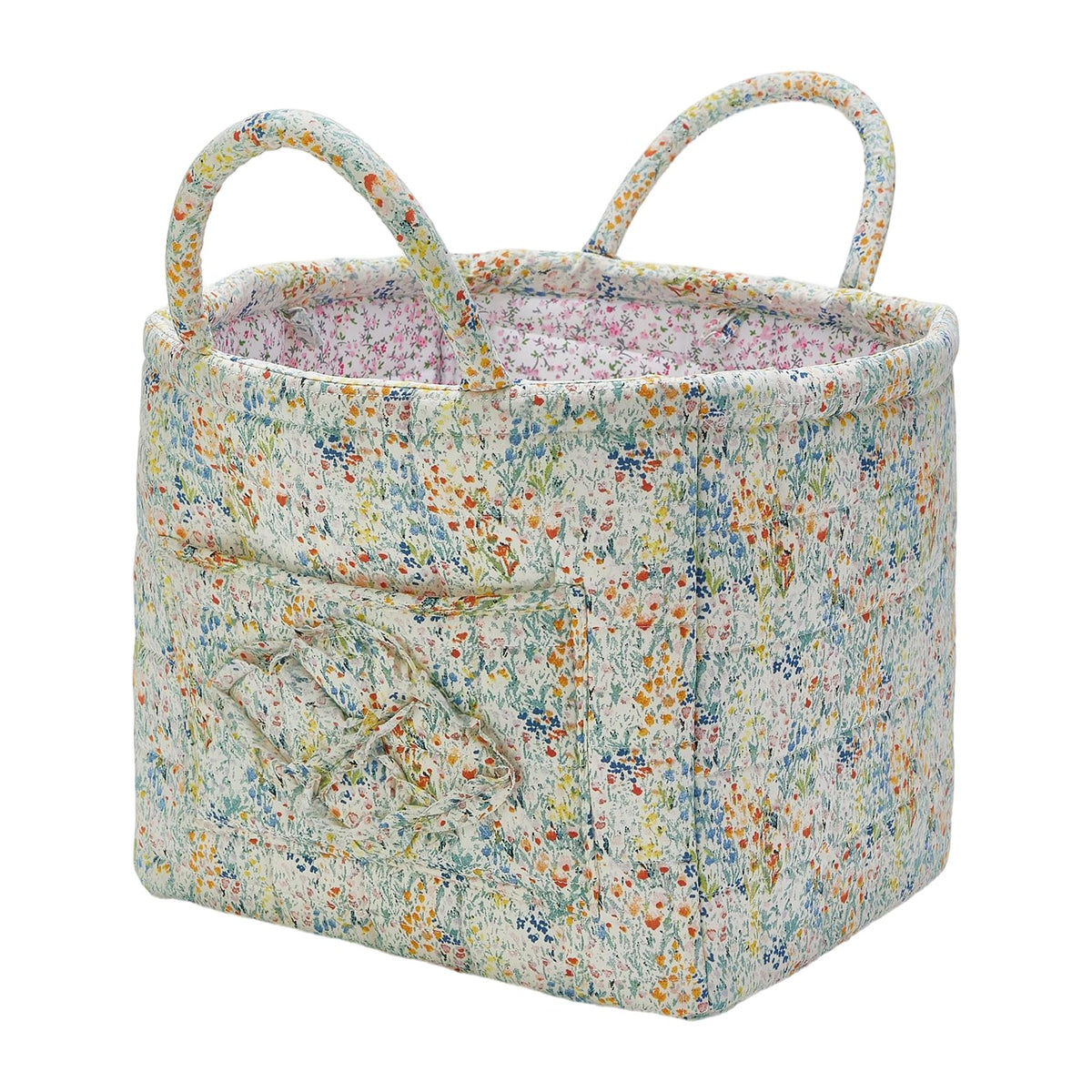 Quilted Fabric Storage Basket with Handles & Pocket, Foldable Laundry Hamper Boho Floral Print Organizer Bin for Home, Picnic, Office 12"x10"x10" (A-1)