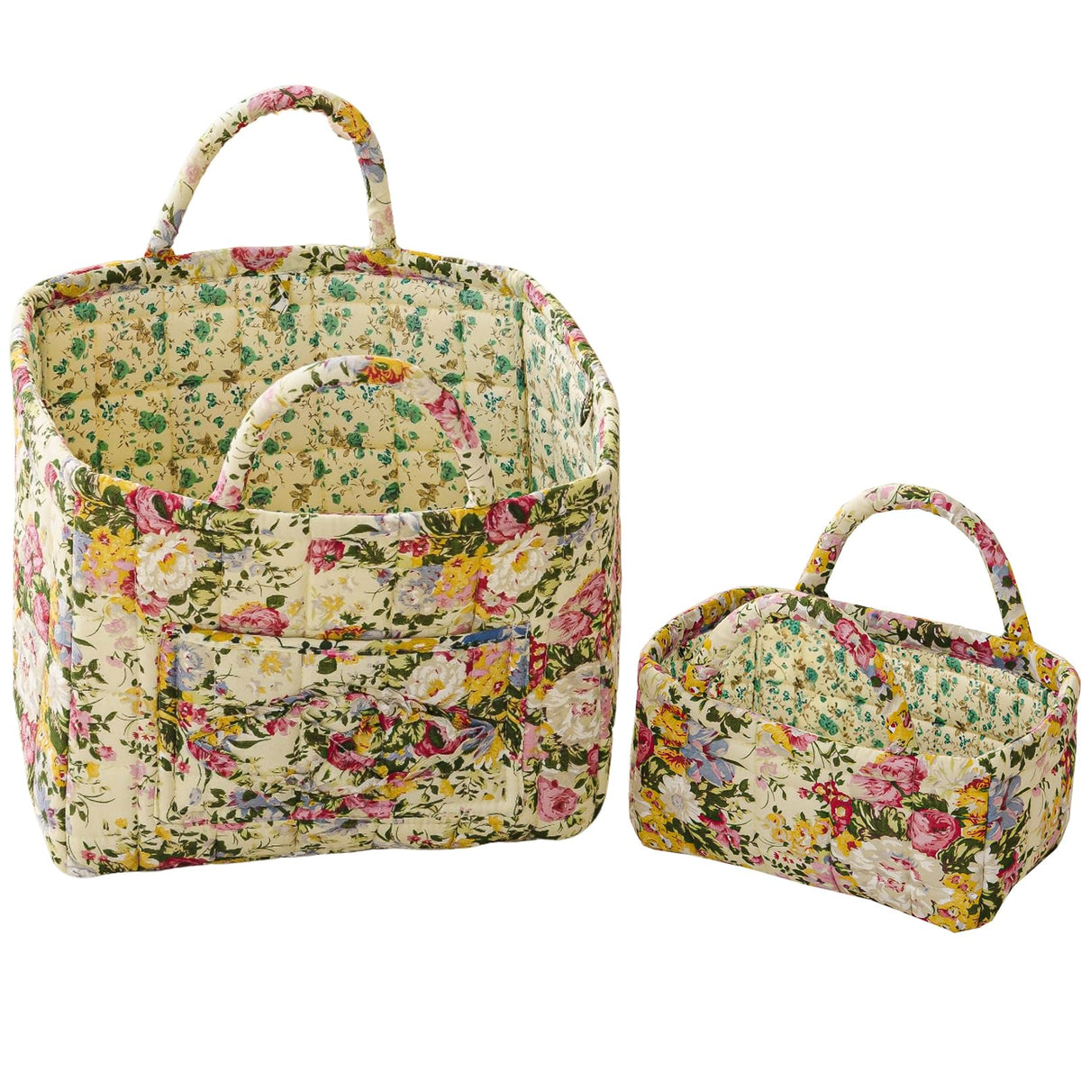 vctops 2 Pack Boho Fabric Quilted Storage Baskets for Organizing, Basket Organizer Gift Basket with Handles, Storage Bins for Toys, Books, Towels, and Clothes, Collapsible Fabric(Floral A)