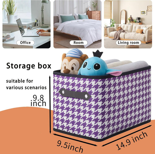 1 Pack Large Collapsible Storage Baskets for Shelves,14.9"x9.5" Fabric Closet storage Boxes with Leather Handles,Decorative Organizers Storage Bins for Clothes,Sheets,Books,(Purple Houndstooth