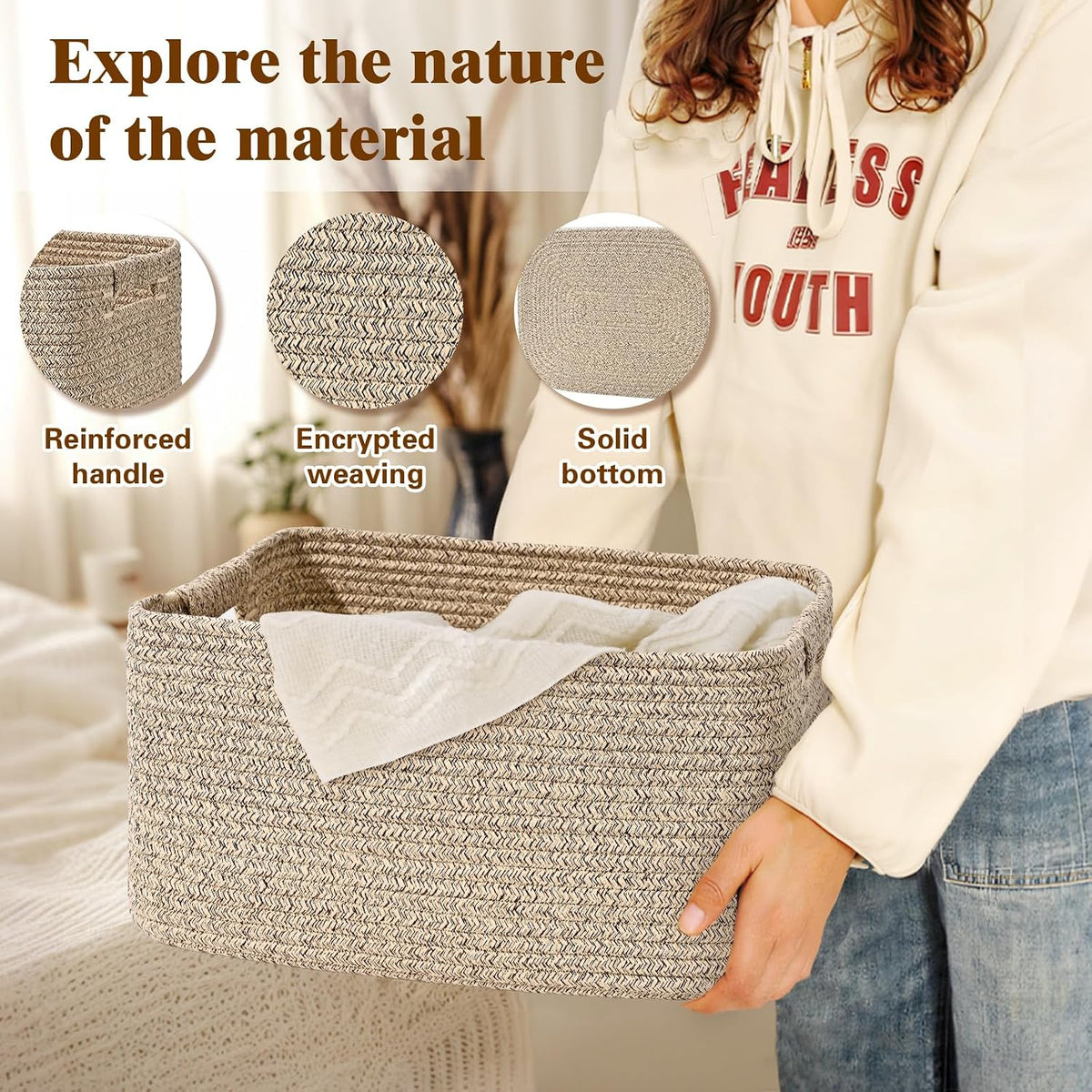2 Pack Large Storage Basket for Organizing, 17.5"x13"x7" Woven Basket for Shelves, Closet Cube Storage Bins with Wrapped Handle, Cotton Rope Baskets for Kitchen, Clothes, Toys (Natural)