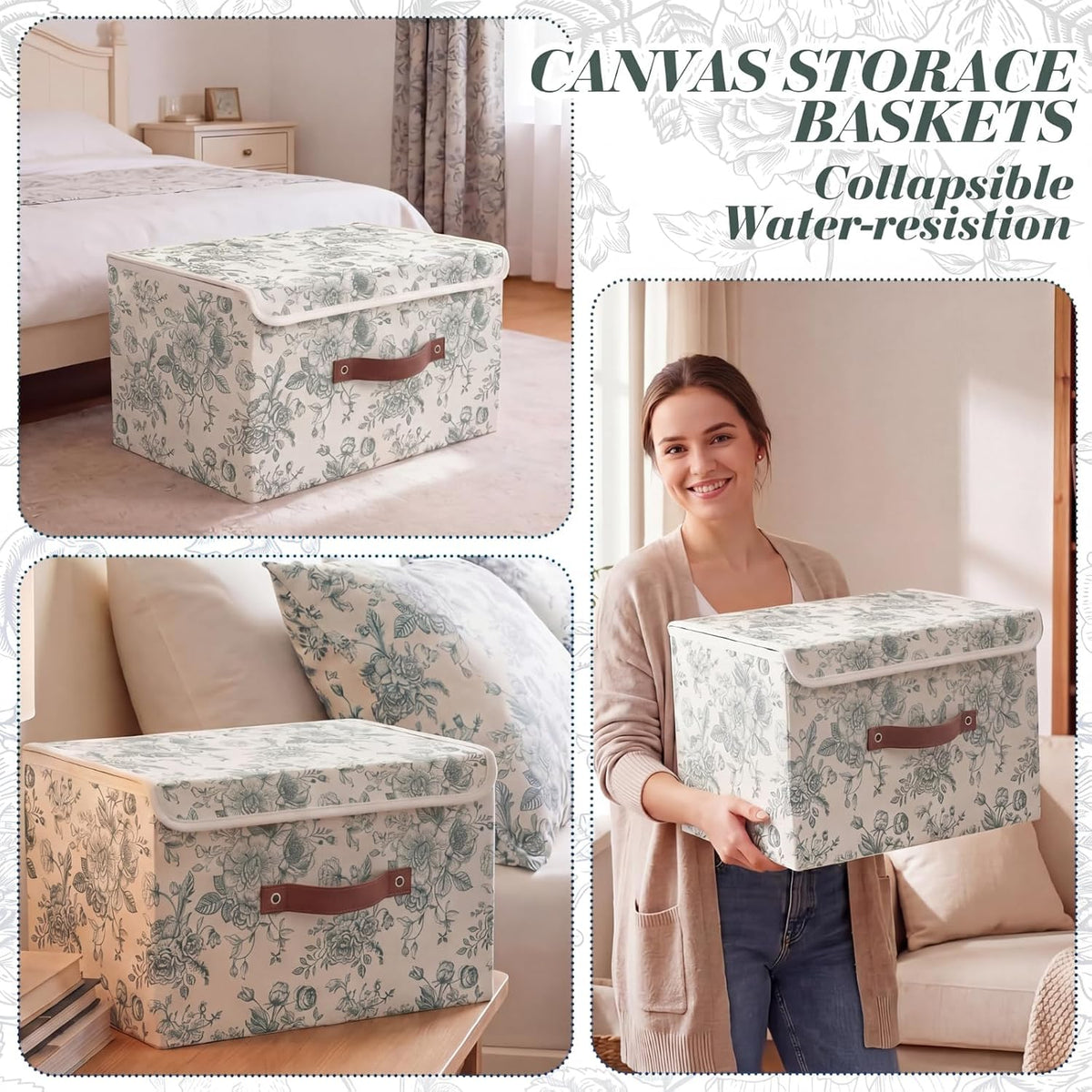 2 Pack Sage Green Floral Storage Bin with Lids, 15x10x10 Inch
