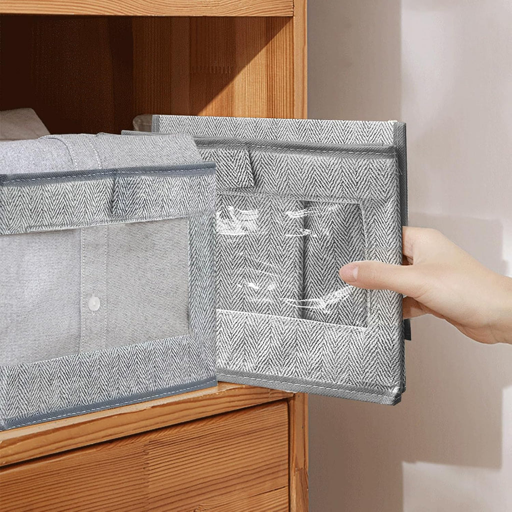 6 Pieces Linen Closet Storage Bins with Clear Window, Shelf Basket Closet Clothes Organizer Storage Containers for Organizing Shelves Wardrobe Office Clothing Books