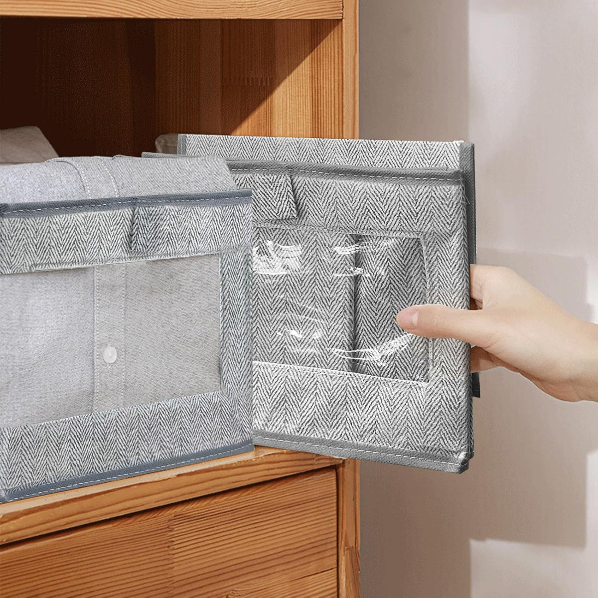 6 Pieces Linen Closet Storage Bins with Clear Window, Shelf Basket Closet Clothes Organizer Storage Containers for Organizing Shelves Wardrobe Office Clothing Books