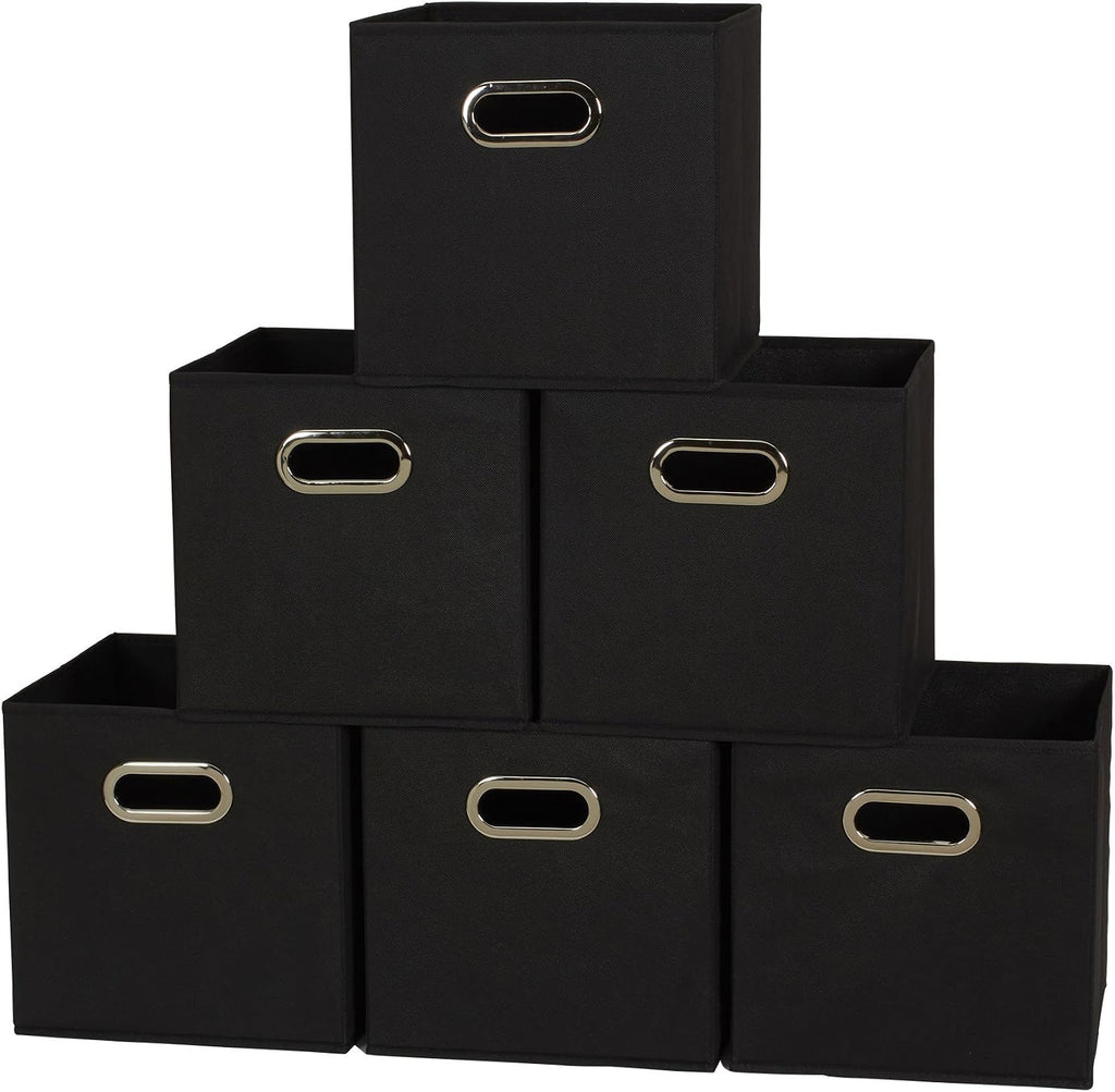 Household Essentials Foldable Fabric Storage Bins 6 Piece Set, Strong Poly-Woven Fabric, Sturdy Chipboard Sides, Grommet Front Handle, Stackable, Classic Design, Black