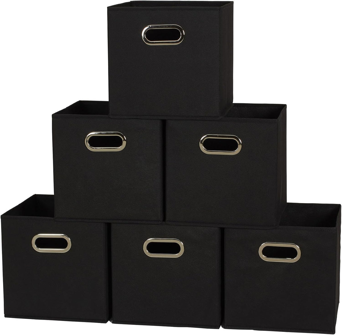 Household Essentials Foldable Fabric Storage Bins 6 Piece Set, Strong Poly-Woven Fabric, Sturdy Chipboard Sides, Grommet Front Handle, Stackable, Classic Design, Black