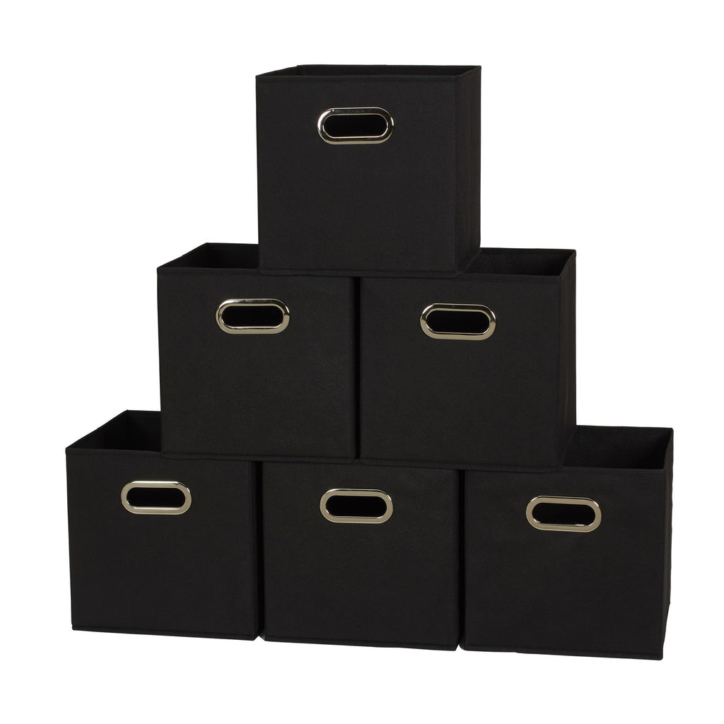 Household Essentials Foldable Fabric Storage Bins 6 Piece Set, Strong Poly-Woven Fabric, Sturdy Chipboard Sides, Grommet Front Handle, Stackable, Classic Design, Black