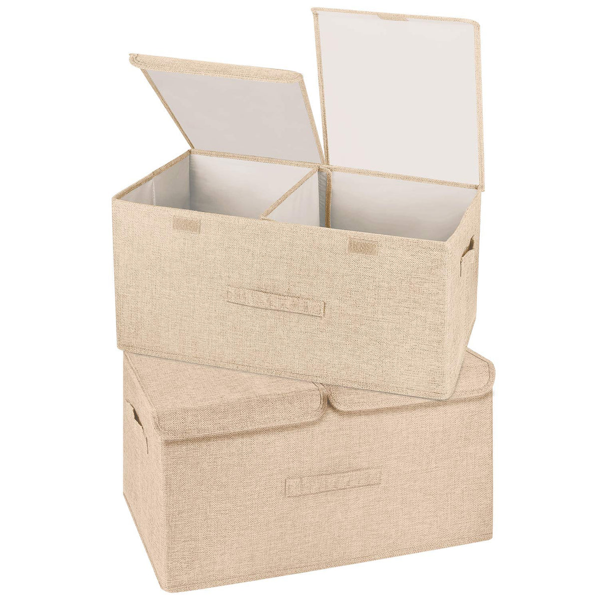 2 Pack Large Linen Fabric Collapsible Storage Bins with Lid and Handles, Washable Storage Box Baskets Cube with Removable Divider for Bedroom,Closet,Office,Living Room,Nursery (Black, Large)