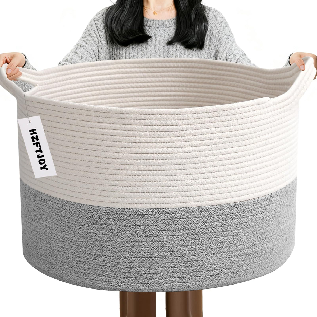 Large Woven Blanket Basket,65L Cotton Rope Laundry Basket