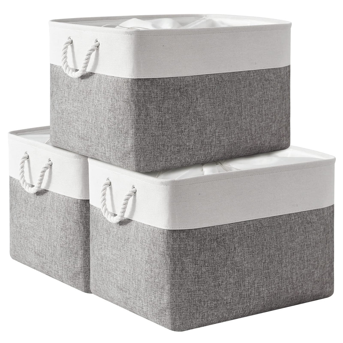 TheWarmHome Storage Basket for Organizing - Medium 3 Pack 14x10x7 inch Fabric Storage Cubes for Shelves with Rope, Collapsible Storage Bin for Organizer Closet Cloth Gift Toy (White & Jean Blue)