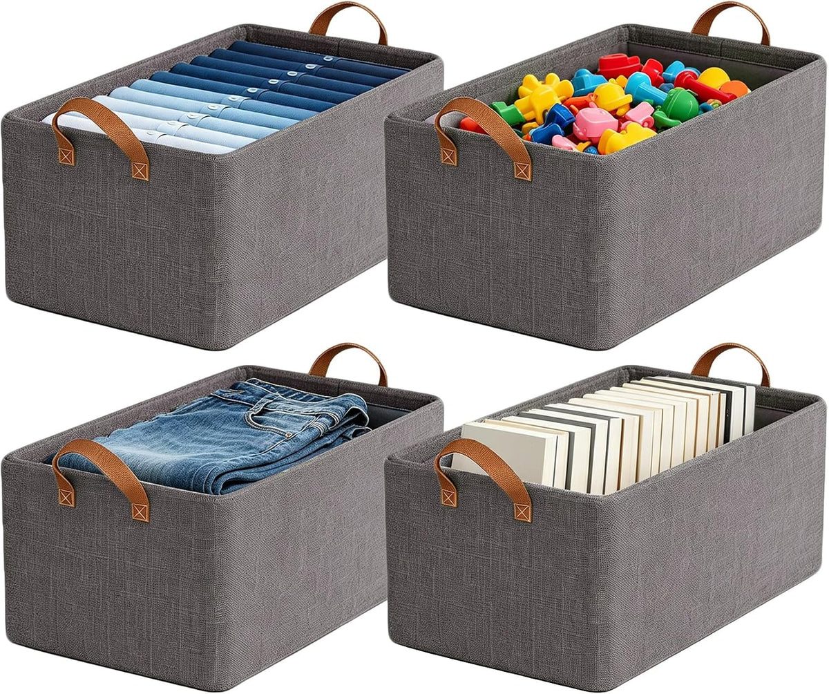 Decorwell 4 Pack Large Capacity Storage Bins Closet Organizer for Shelves - Foldable Fabric Storage Baskets Boxes with Handles for Organizing Clothes, Toys, Books, Sheets, Jeans (Gray)