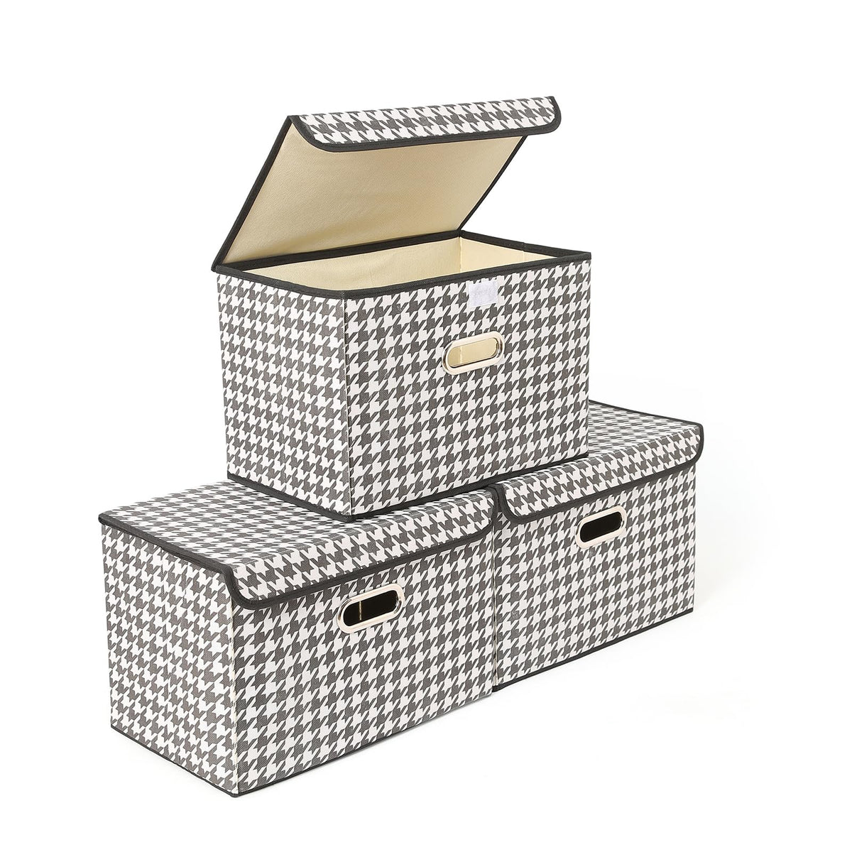 STOREONE Fabric Storage Cube Bins Foldable Organizer Container Collapsible Basket with Lids and Metal Handles, for Home, Bedroom, Closet 3 Pcs (Navy Blue)
