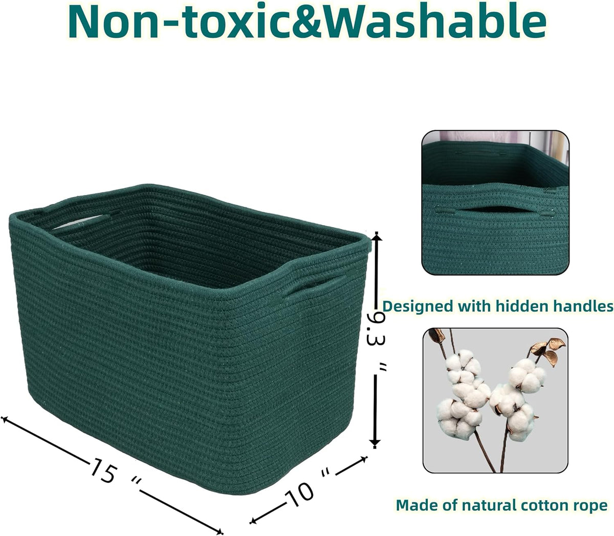 XUANGUO Woven Cotton Rope Storage Baskets 15x10x9.3" 3 Pack Dark Green