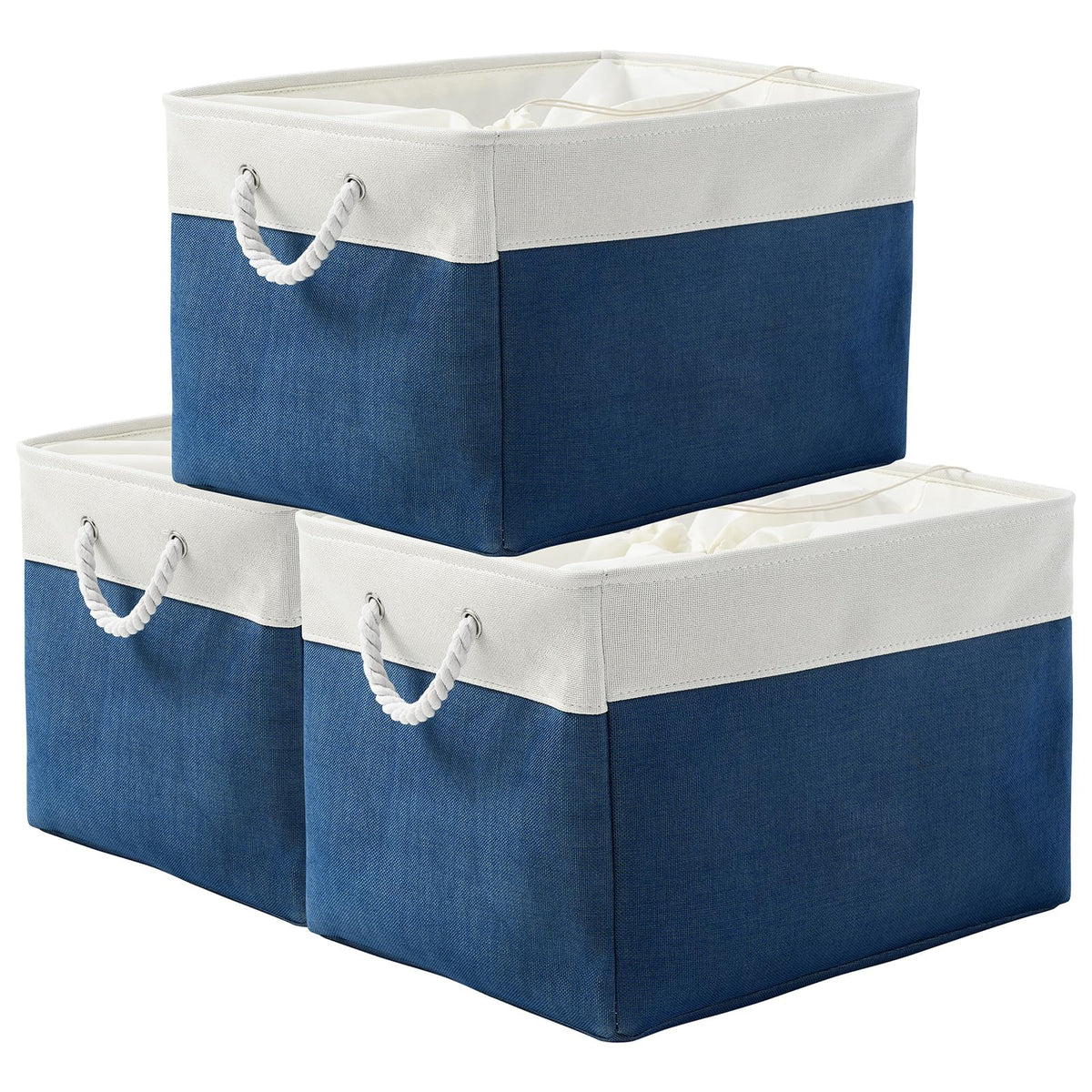TheWarmHome Storage Basket for Organizing - Medium 3 Pack 14x10x7 inch Fabric Storage Cubes for Shelves with Rope, Collapsible Storage Bin for Organizer Closet Cloth Gift Toy (White & Jean Blue)