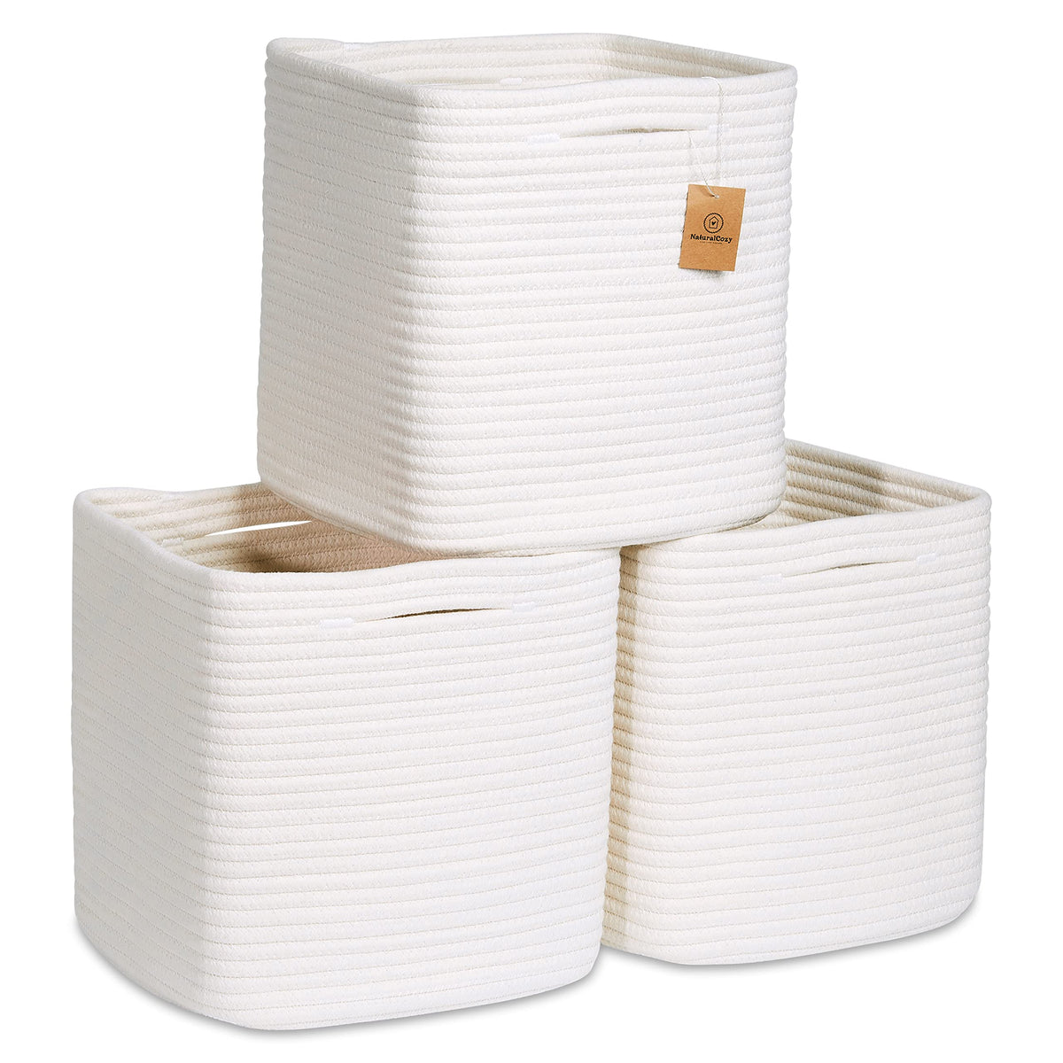 NaturalCozy Storage Cubes 11 Inch Cotton Rope Woven Baskets for Organizing, 3-Pack | Cube Bin Square Shelves Organizer, Classroom, Kids Toy Bins, Closet, Baby Nursery