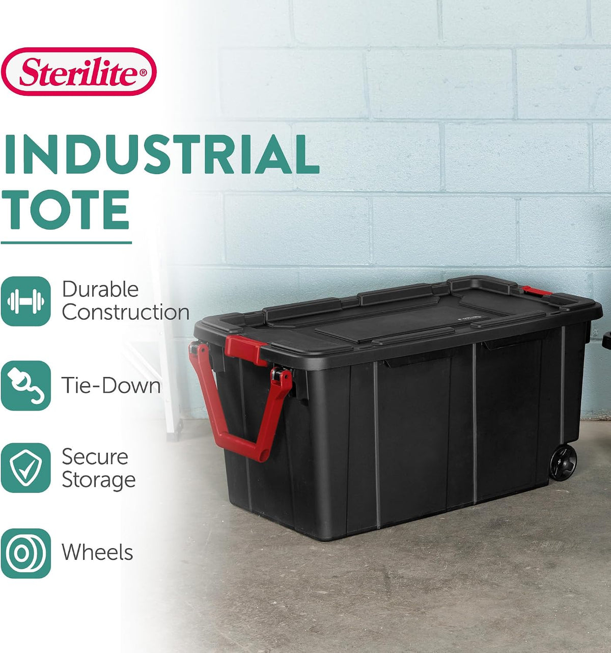 Sterilite Industrial Storage Tote w/Wheels for Garage, 40 Gallon, 8-Pack