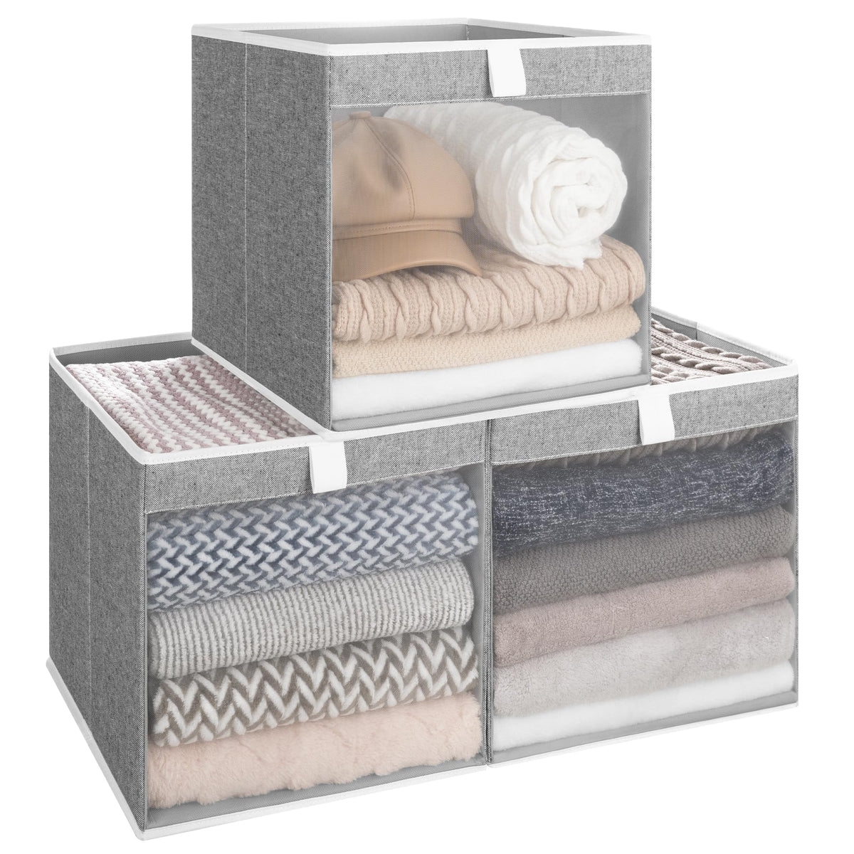StorageWorks Fabric Storage Bins with Clear Window, Beige, 3-Pack