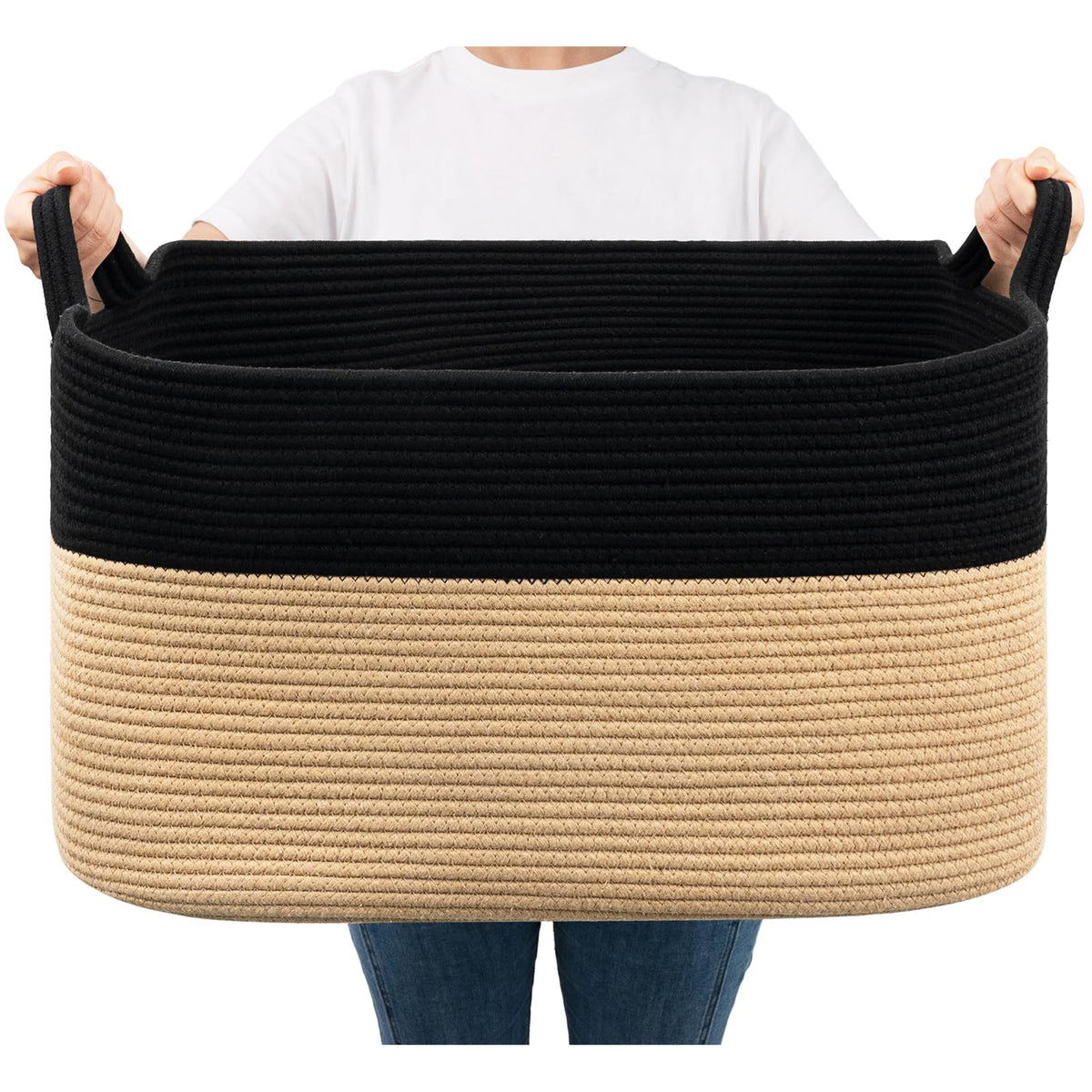 Goodpick Large Woven Rope Blanket Basket, Rectangle, White & Light Brown