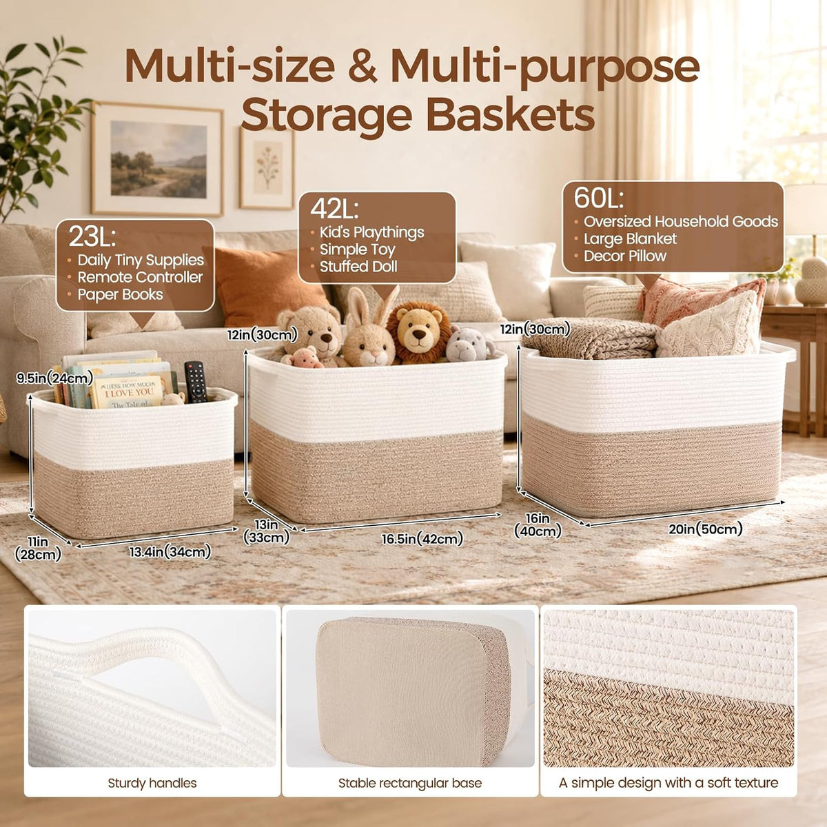 OIAHOMY Woven Storage Basket, Small Baskets for Organizing Brown & White