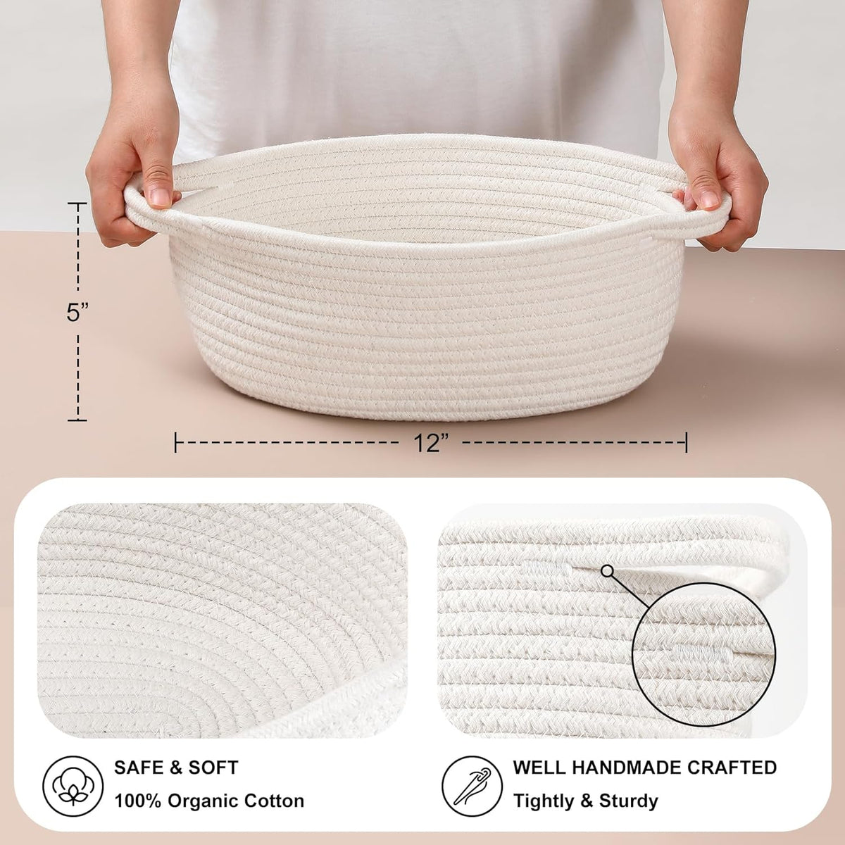 2 Pack Small Woven Basket with Gift Bags and Ribbons, Empty Decorative Gift Chest Box, Cute Baby Gift Basket for Nursery, Cotton Rope Room Shelf Storage Basket with Handles, All 12"x 8"x 5",White