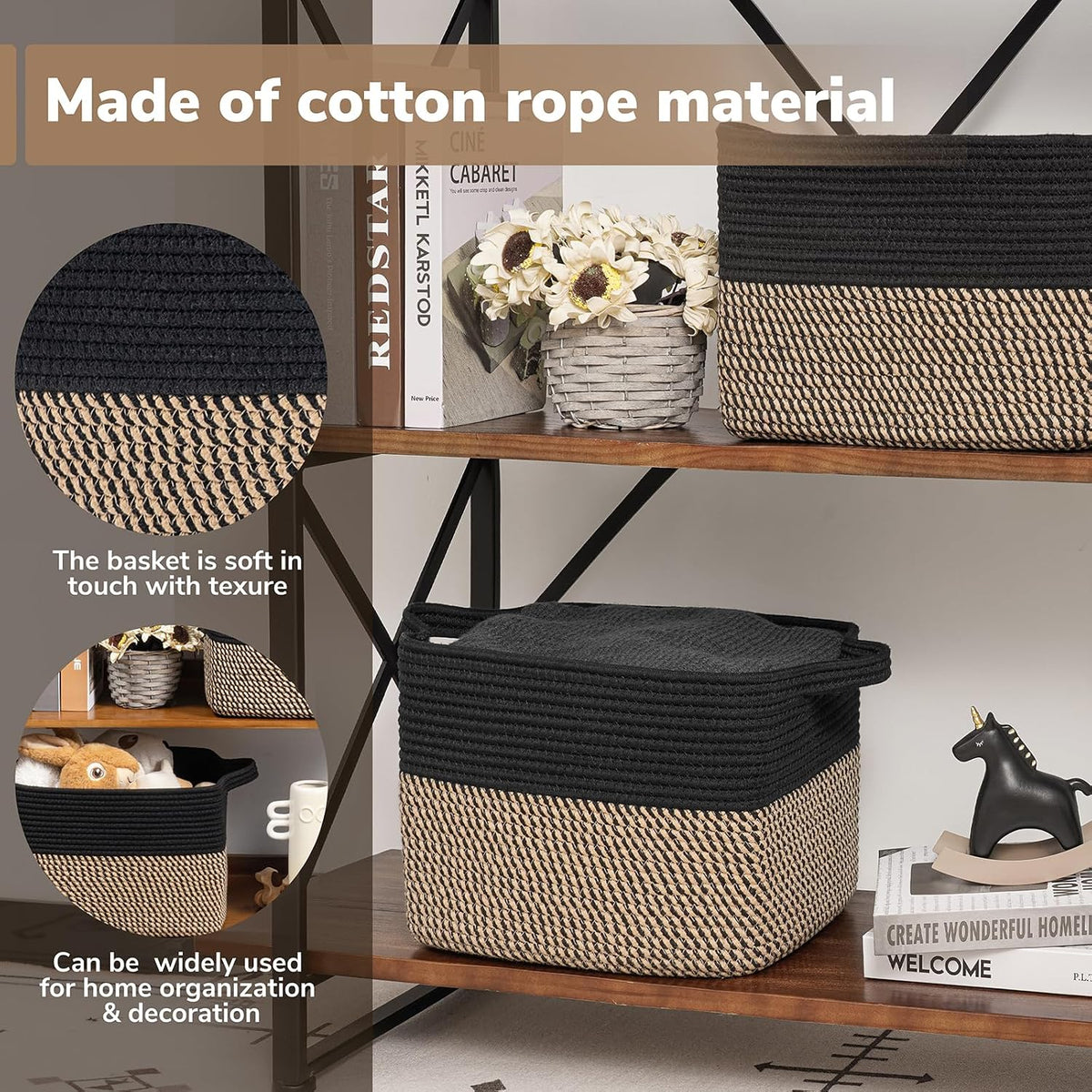 Goodpick Woven Storage Basket for Shelves, 13" x 10" x 9", Black Jute