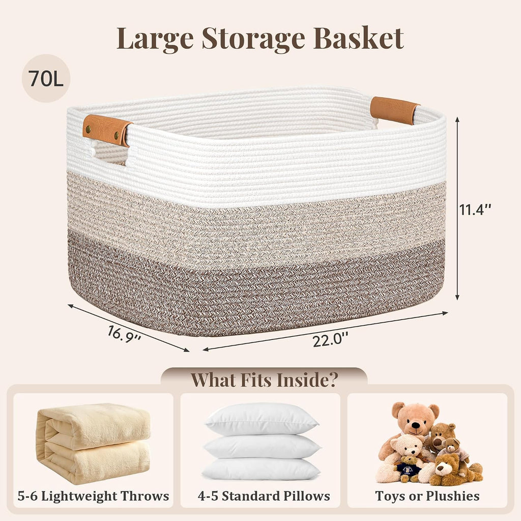 danpinera Blanket Basket, 72L Woven Storage basket with Leather Handle, Eco-friendly Decorative Storage Organization in Bathroom & Living Room for Towels 22 ''*17 ''*11.8 '', Gradient Brown